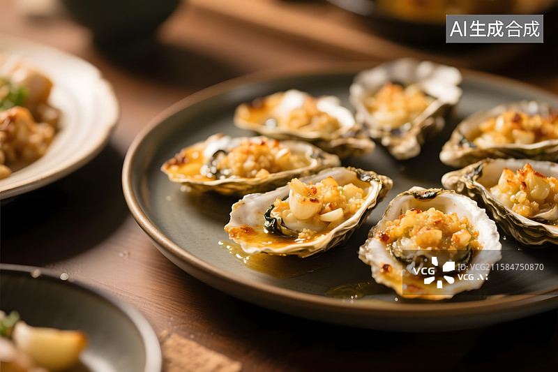 【AI数字艺术】餐桌上餐盘内烤制好的蒜蓉生蚝图片素材