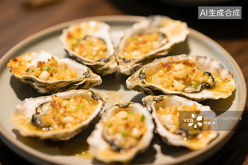 【AI数字艺术】餐桌上餐盘内烤制好的蒜蓉生蚝图片素材