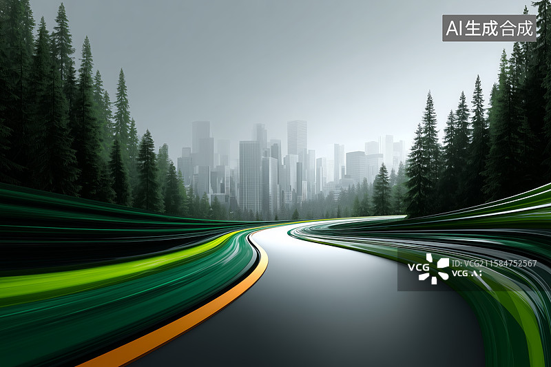 【AI数字艺术】现代城市与道路与抽象曲线相融合的商务背景插画图片素材