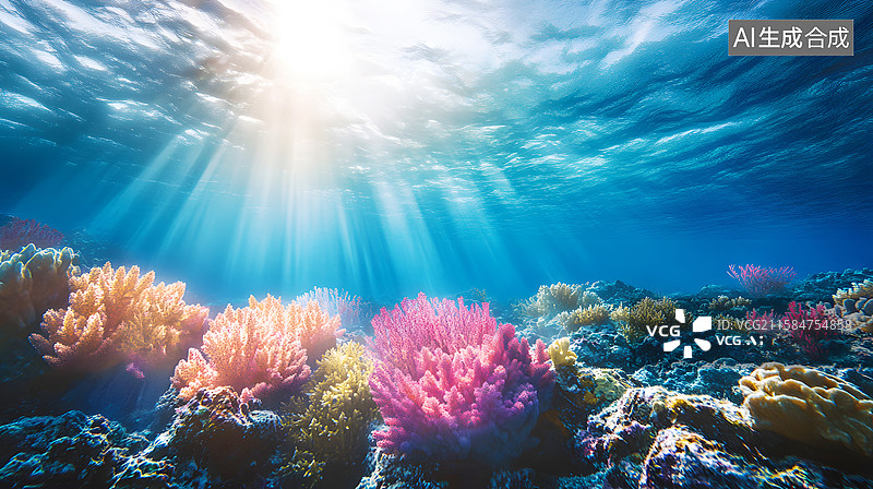 【AI数字艺术】AIGC：阳光光束照进海里，海底珊瑚图片素材