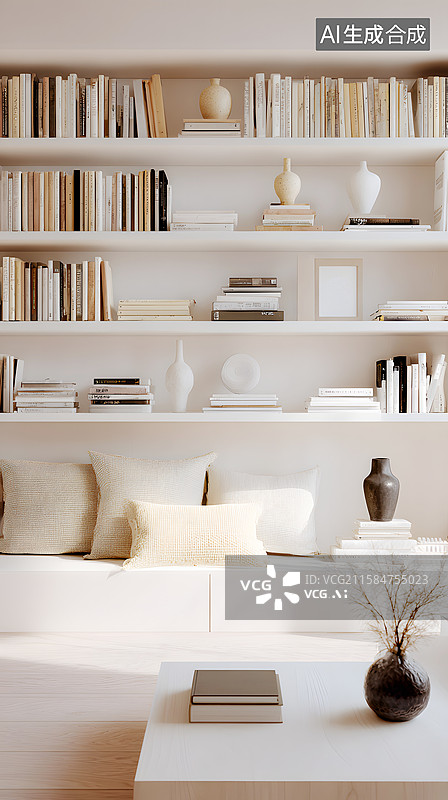 【AI数字艺术】AIGC：现代客厅书房室内设计样板间背景图片素材