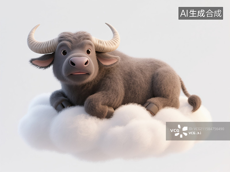【AI数字艺术】牛年可爱牛趴在云上小憩世界睡眠日创意3D插画毛毡动物生日贺卡设计绘本图书封面金融科技抽象商业背景图片素材