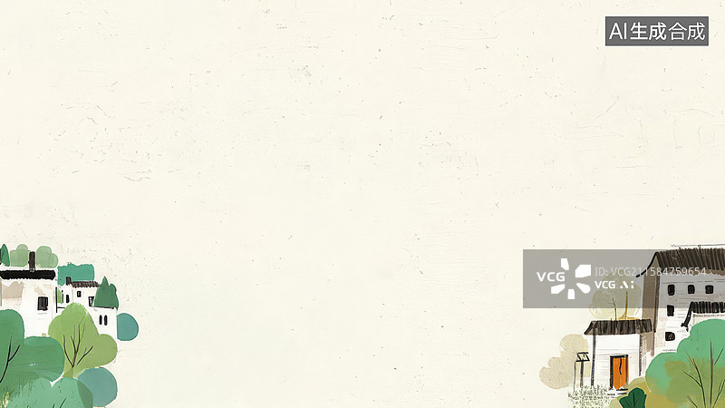 【AI数字艺术】水墨画两侧-背景壁纸-乡村小屋与绿树的宁静景象图片素材
