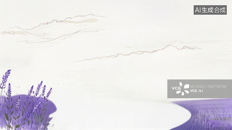 【AI数字艺术】水墨画两侧-背景壁纸-紫色薰衣草与宁静湖面图片素材