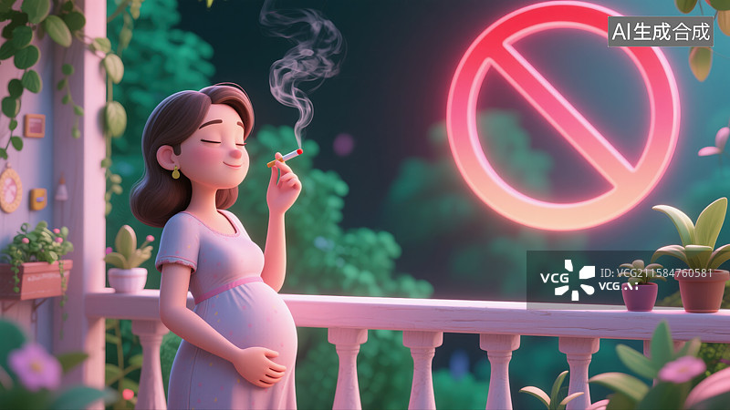 【AI数字艺术】孕期健康警示3D卡通插画年轻准妈妈阳台吸烟场景发光红色禁止标志抽象商业背景孕期教育和生活方式图片素材