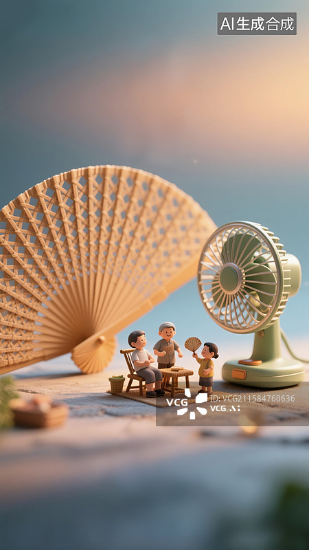 【AI数字艺术】温馨快乐一家人创意3D插画小暑节气巨型蒲扇特写微距编织纹理配电风扇暖色灯光抽象商业背景夏季主题设计图片素材