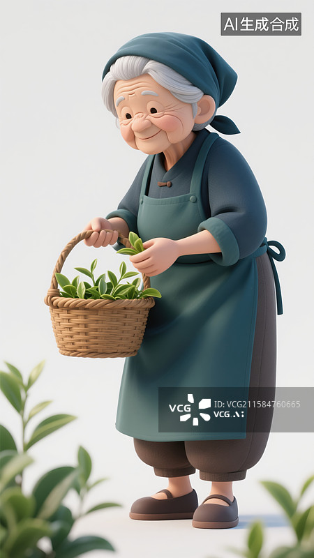 【AI数字艺术】创意3D插画可爱卡通老年采茶奶奶传统服饰银发慈祥面容戴深青色头巾长围裙手提食篮采摘野菜儿童读物杂志图片素材