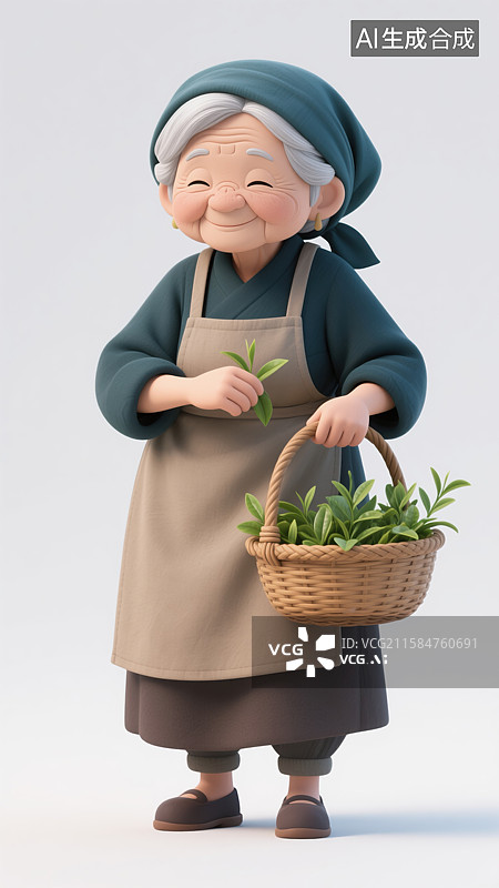【AI数字艺术】创意3D插画可爱卡通老年采茶奶奶传统服饰银发慈祥面容戴深青色头巾长围裙手提食篮采摘野菜儿童读物杂志图片素材