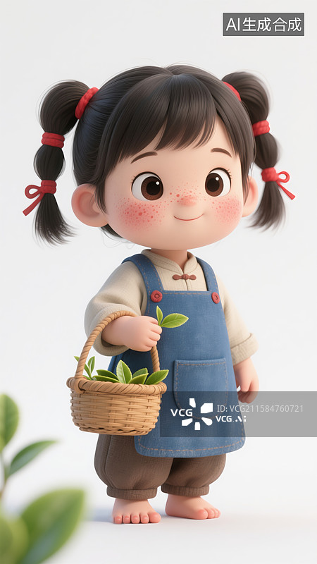 【AI数字艺术】迷人3D插画爱卡通采茶小女孩双丫髻红头绳创意抽象商业背景传统职业儿童读物、杂志封面和温馨海报图片素材