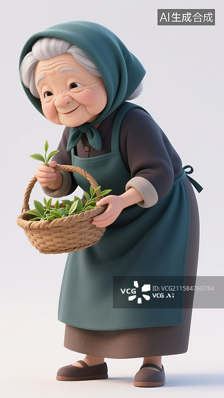 【AI数字艺术】创意3D插画可爱卡通老年采茶奶奶传统服饰银发慈祥面容戴深青色头巾长围裙手提食篮采摘野菜儿童读物杂志图片素材
