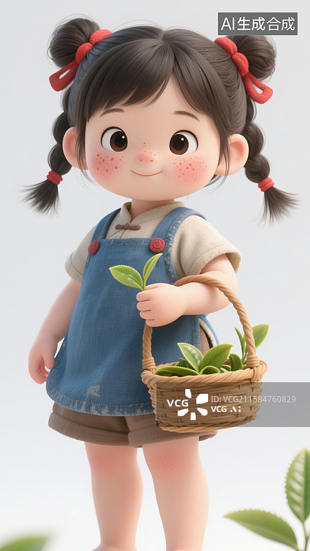 【AI数字艺术】迷人3D插画爱卡通采茶小女孩双丫髻红头绳创意抽象商业背景传统职业儿童读物、杂志封面和温馨海报图片素材