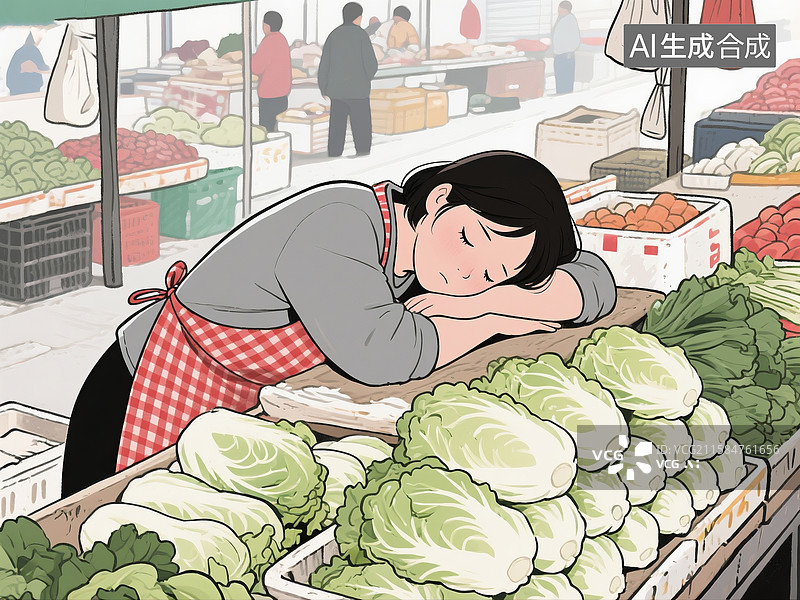 【AI数字艺术】菜市场摊位前身着灰色上衣系红格的女摊主图片素材