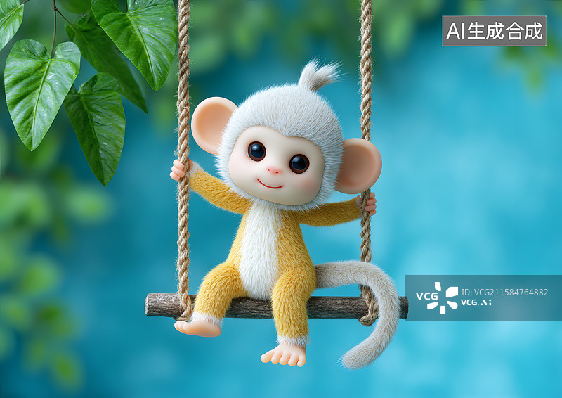 【AI数字艺术】一只可爱的卡通猴子在荡秋千图片素材