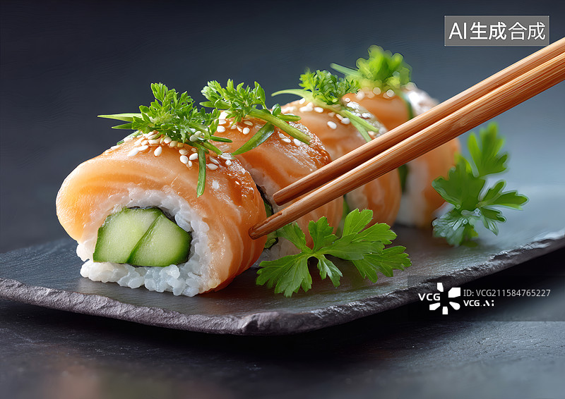 【AI数字艺术】筷子夹起一块寿司图片素材