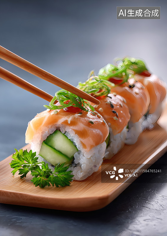 【AI数字艺术】筷子夹起一块寿司图片素材