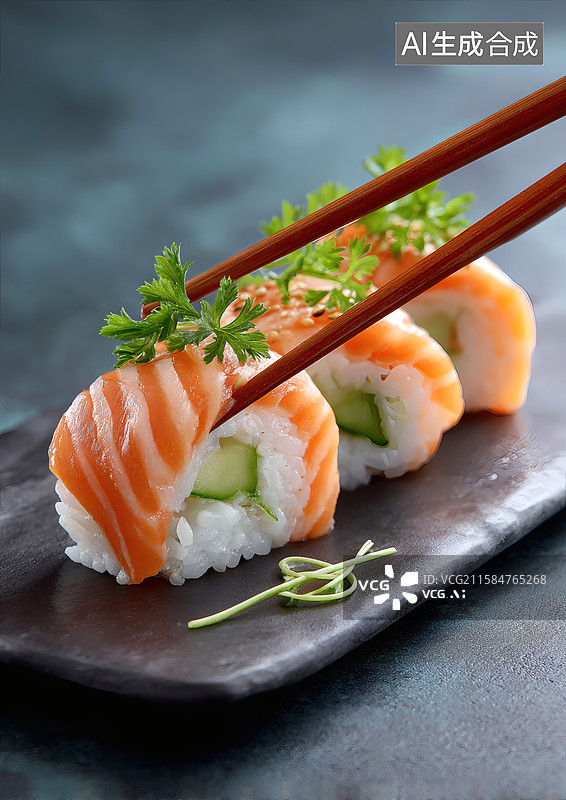 【AI数字艺术】筷子夹起一块寿司图片素材