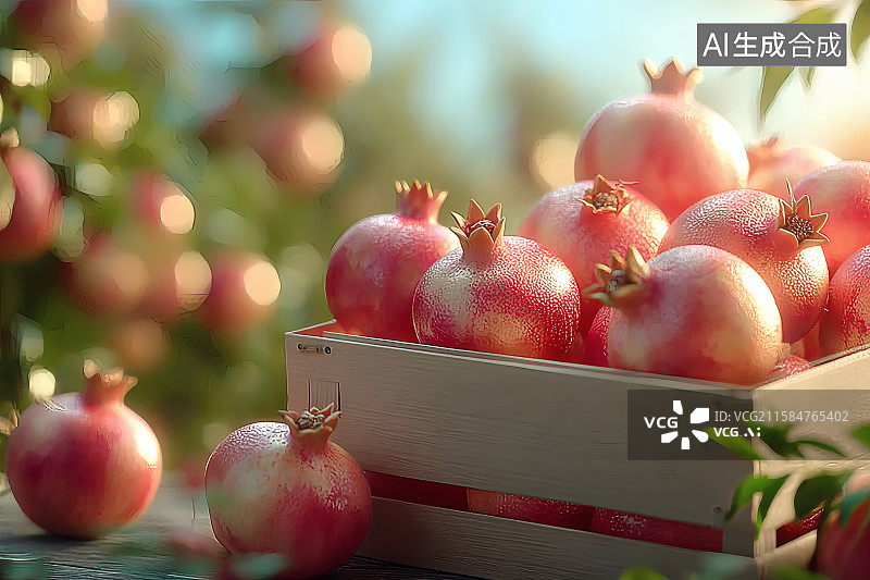 【AI数字艺术】果园中丰收的石榴，阳光照射在石榴表面图片素材