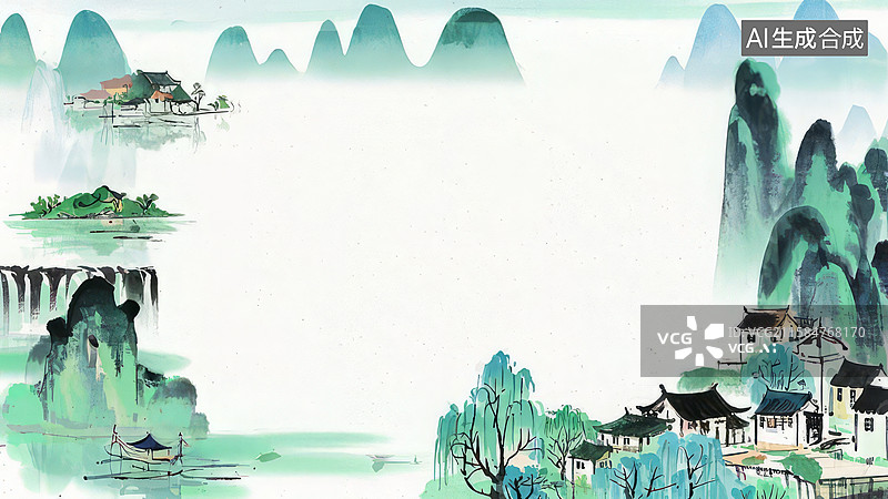 【AI数字艺术】水墨画最大-背景壁纸-1水墨山水画中的古村与舟影图片素材