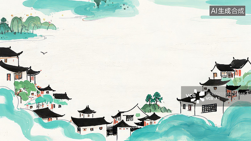 【AI数字艺术】水墨画最大-背景壁纸-1水墨风格的江南水乡建筑图片素材