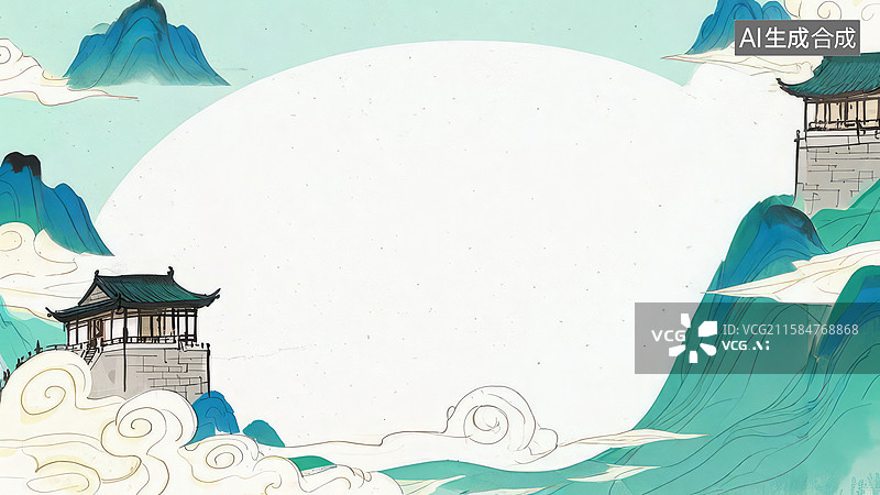 【AI数字艺术】水墨画最大-背景壁纸-1古典建筑与山水云雾背景图图片素材