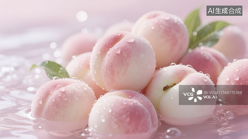 【AI数字艺术】表面带水珠的鲜嫩水蜜桃图片素材
