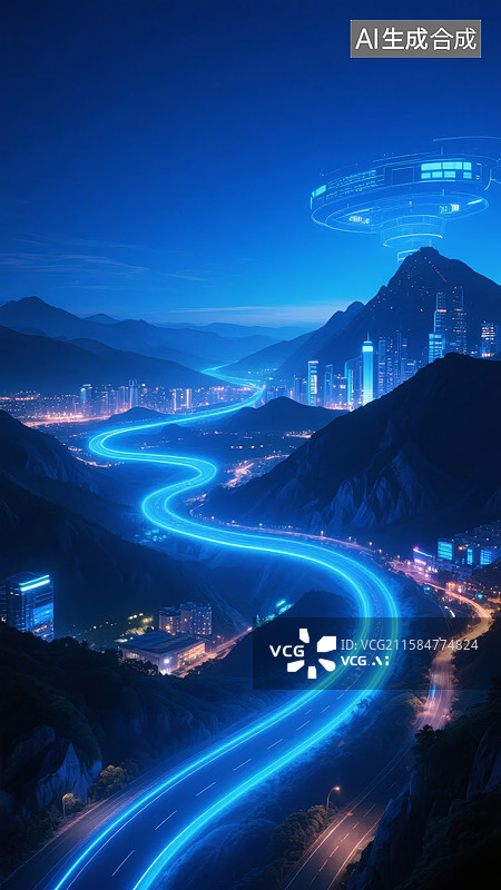 【AI数字艺术】夜景山城，光轨蜿蜒图片素材