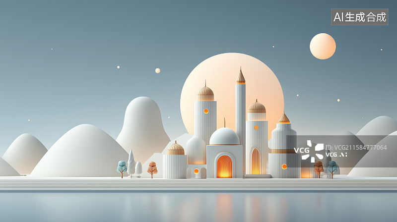 【AI数字艺术】古建筑与圆月的宁静景象图片素材