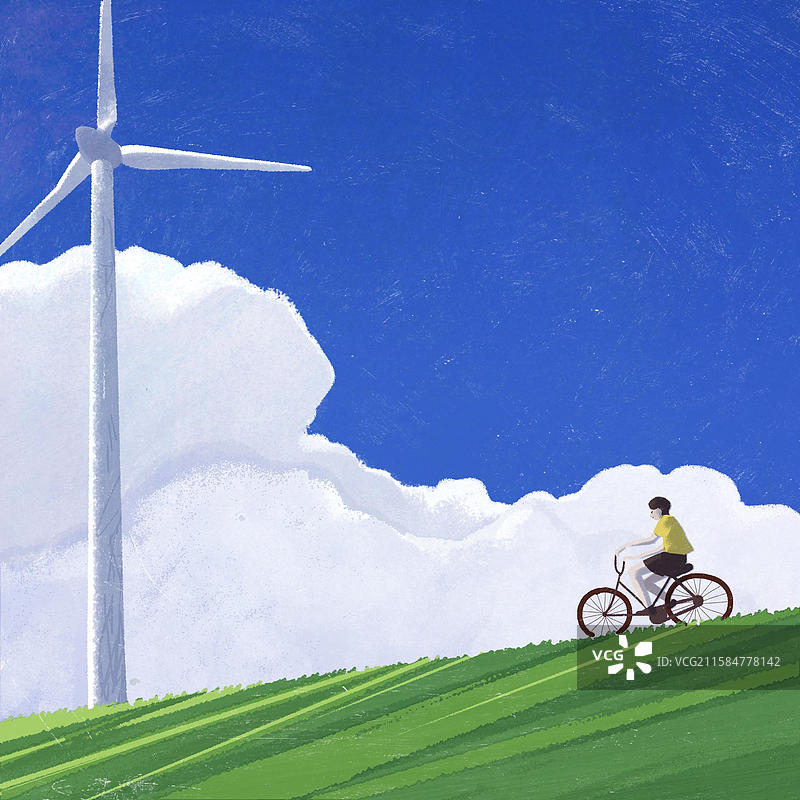 骑行骑自行车蓝天白云草地风车图片素材