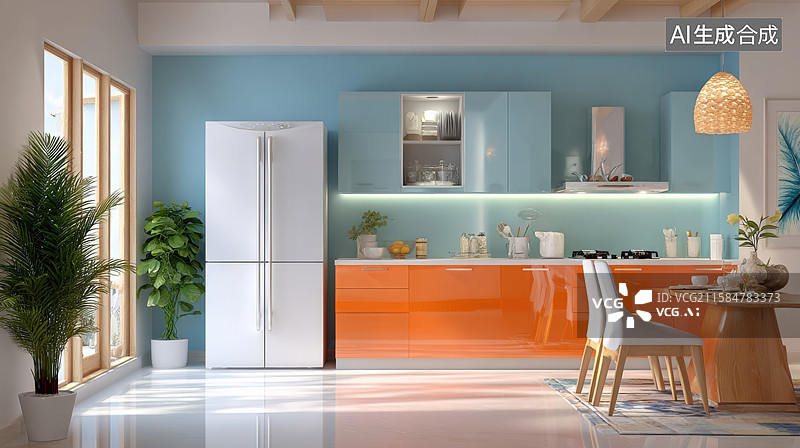 【AI数字艺术】现代厨房设计，搭配明亮色彩和植物图片素材
