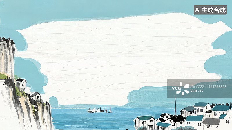 【AI数字艺术】水墨画最大-背景壁纸-1海滨小镇与悬崖上的房屋图片素材