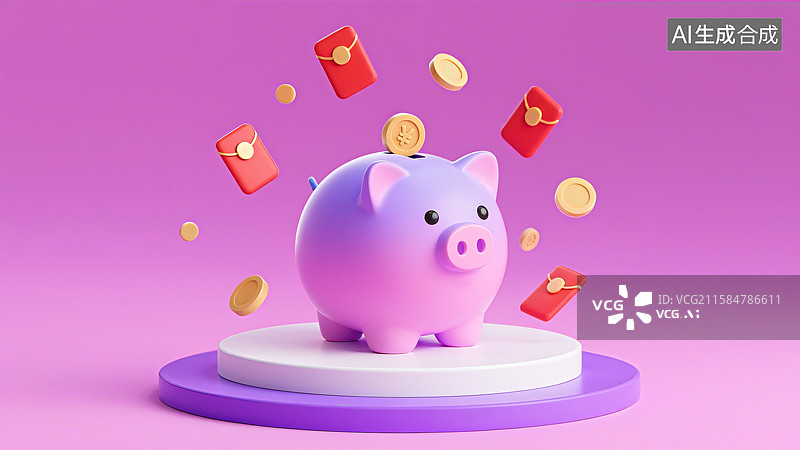 【AI数字艺术】储蓄罐上金币飞舞，周围有红包和金币散落，体现金融银行保险理财概念图片素材