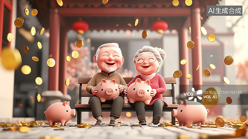 【AI数字艺术】老年夫妻抱着存钱罐安享晚年退休生活——存款储蓄退休养老金概念图片素材