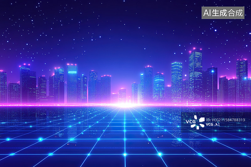 【AI数字艺术】科技风蓝色发光城市天际线地面平台夜景图片素材
