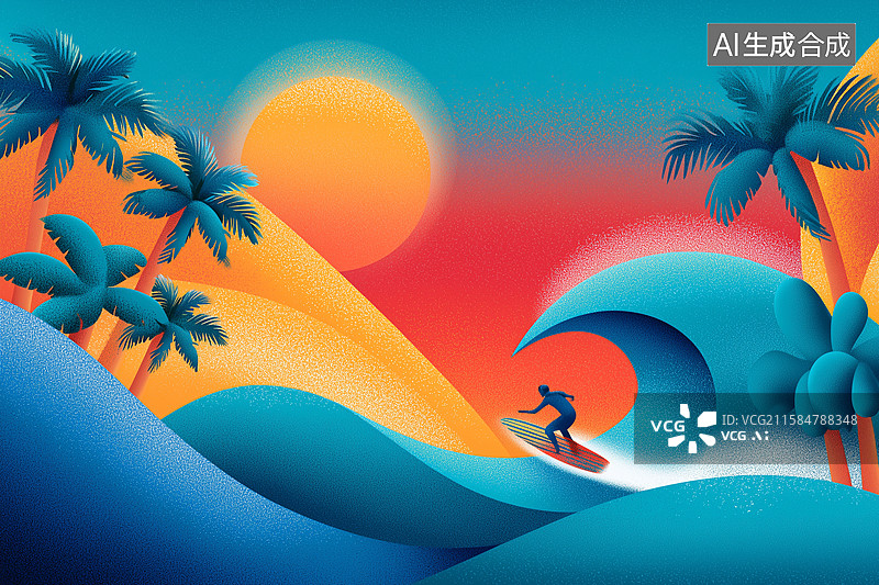 【AI数字艺术】夏天海边冲浪插画图片素材