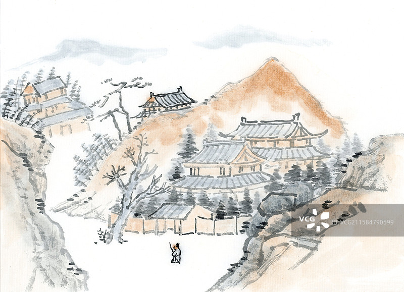 临清代画家水墨山水文人画山中隐士图片素材