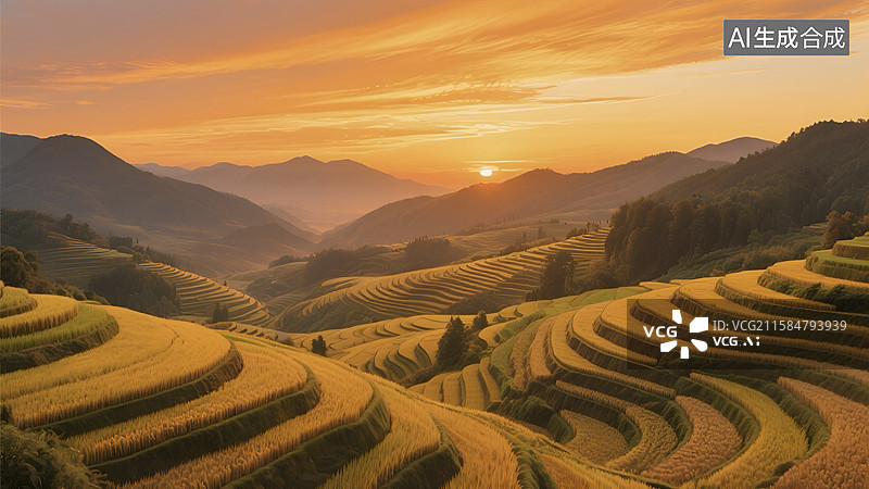 【AI数字艺术】夕阳下美丽的水稻梯田景观图片素材