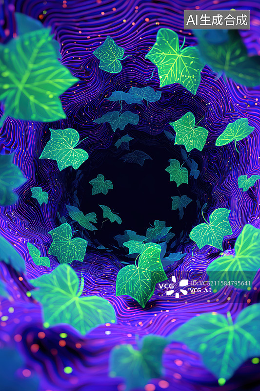 【AI数字艺术】唯美梦境夜色下绿叶衬托着波纹的水面卡通背景插画图片素材