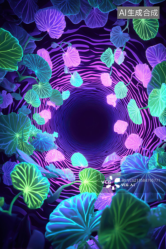 【AI数字艺术】唯美梦境夜色下绿叶衬托着波纹的水面卡通背景插画图片素材