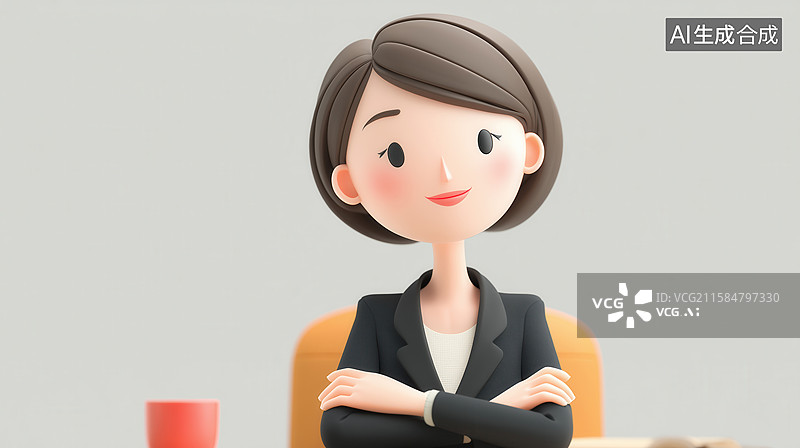【AI数字艺术】坐在桌子后的女青年老板经理3D卡通立体插画图片素材