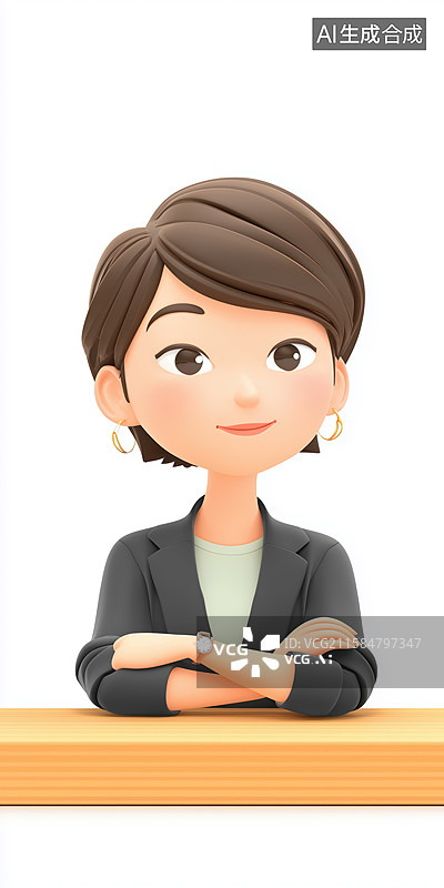 【AI数字艺术】坐在桌子后的女青年老板经理3D卡通立体插画图片素材