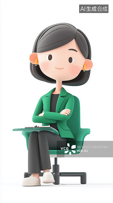 【AI数字艺术】坐在桌子后的女青年老板经理3D卡通立体插画图片素材