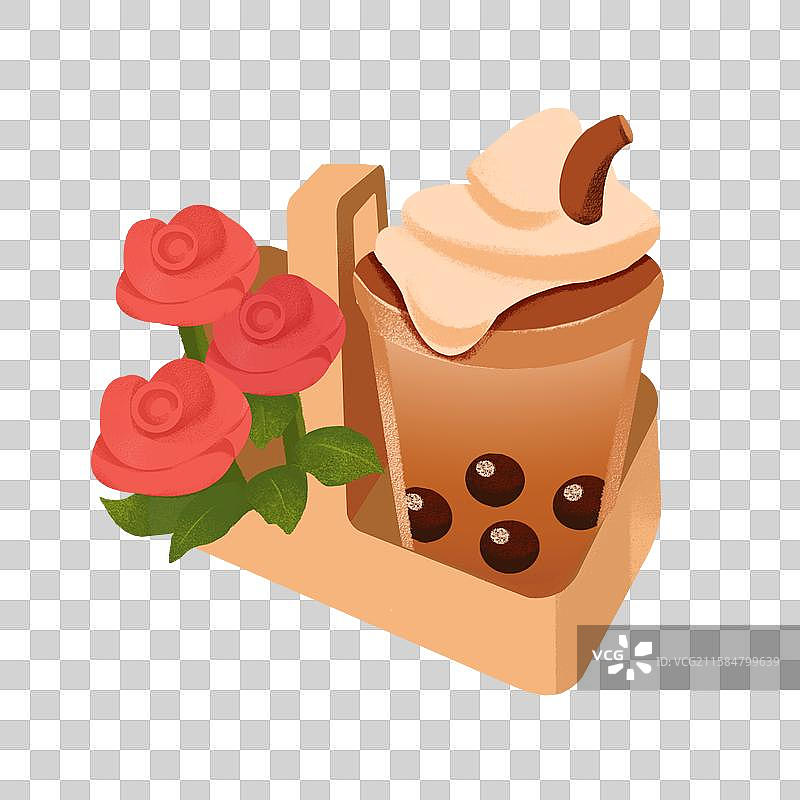 扁平噪点元素奶茶和玫瑰花图片素材