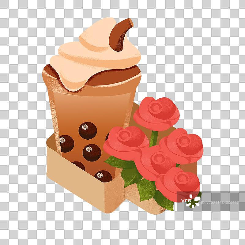 扁平噪点元素奶茶和玫瑰花图片素材