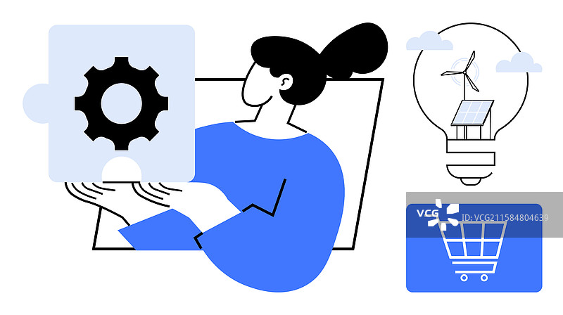 女性手持可再生能源齿轮拼图块图片素材