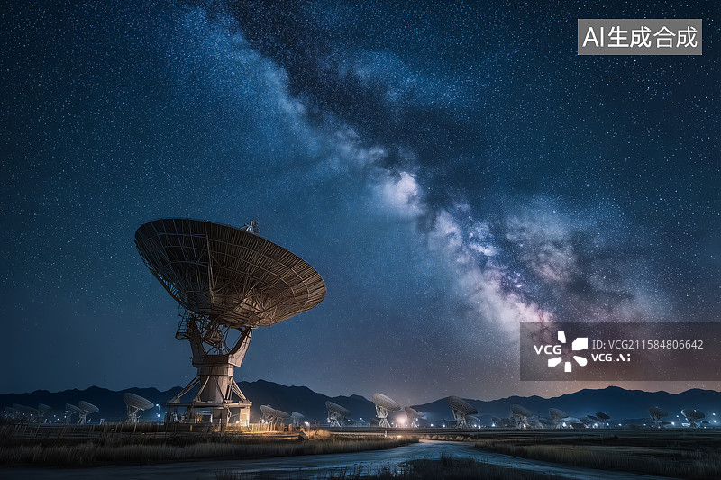 【AI数字艺术】星空下的射电望远镜与银河图片素材