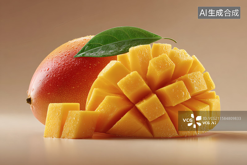 【AI数字艺术】黄色背景下，切块的新鲜芒果图片素材