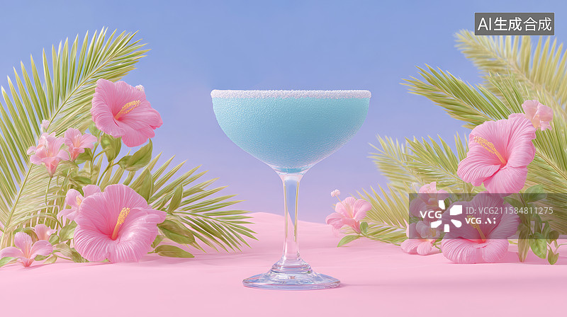【AI数字艺术】粉色花朵围绕蓝色鸡尾酒杯图片素材