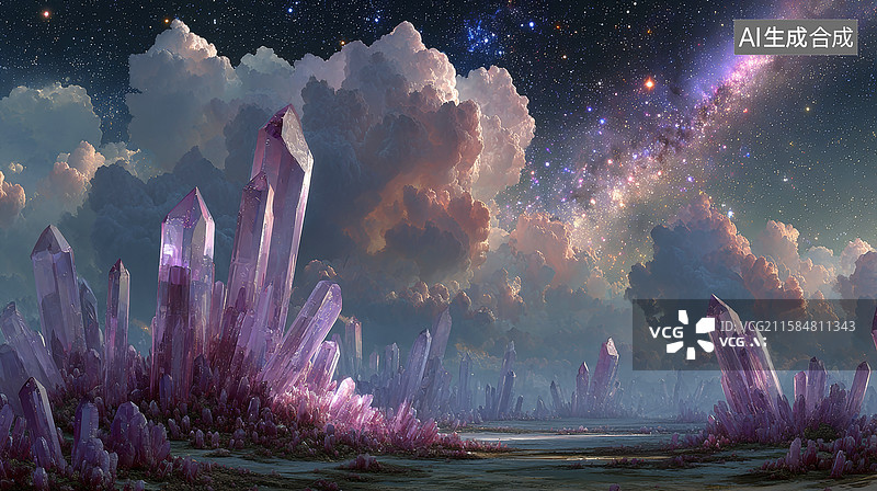 【AI数字艺术】紫色水晶群立于星空之下图片素材