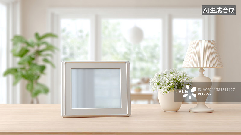 【AI数字艺术】桌上摆放相框花台灯图片素材