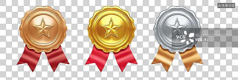 【AI数字艺术】三色荣誉徽章与红色丝带图片素材